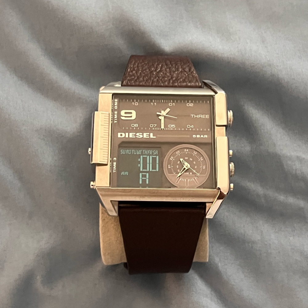 Diesel Silver Case Watch with Brown Dial and Leather Strap